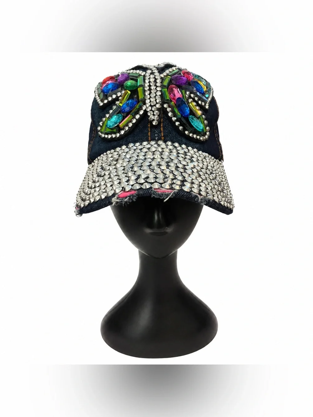 Y2K Washed Denim Hat With Rhinestone Detail & Gemstone Butterfly Accent